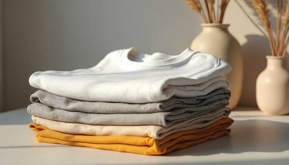 Stack of folded adult long sleeve t-shirts in neutral colors like white, grey, beige, mustard yellow. Clean, simple layout features casual attire presented on plain surface, ideal for fashion design