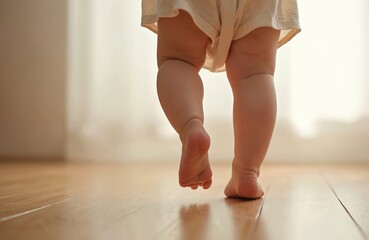 Baby learns to walk barefoot on a shiny wooden floor. Close-up of infant legs and feet taking first steps indoors. Captures early childhood development and milestones.