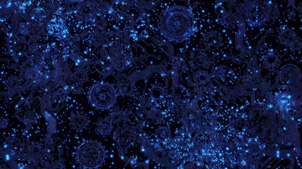 Intricate network of glowing circuit lines and gears, a dark blue design with a futuristic theme.