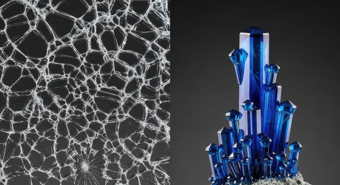 Juxtaposition of shattered glass and pristine blue crystals showcases fragility and strength - Powered by Adobe