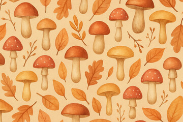 Seamless Autumn Pattern with Mushrooms and Leaves in Watercolor Style