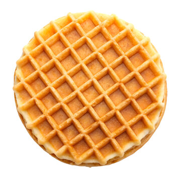 Round golden waffle with grid pattern isolated on black background round waffle golden brown