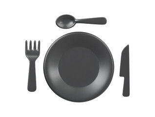 Black plate ,fork,spoon and knife  3d cutlery set icon rendering illustration