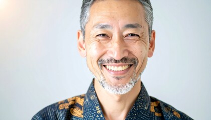 Smiling mature Asian man with graying hair, wearing patterned kimono, against white backdrop