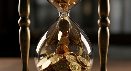 Hourglass filled with golden coins representing time is money and financial savings concept