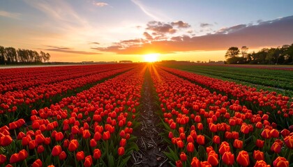 Sunset over a field of red tulips