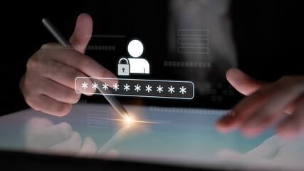 User authentication and password protection concept showing secure login, privacy safeguard, data...