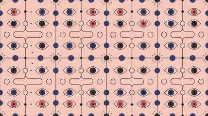 Geometric pattern with eyes and circles on a light pink background arranged in a tiled repeat design