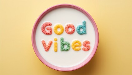 Bowl of Milk with Colorful Cereal Letters Spelling ‘Good Vibes’ on Yellow Background