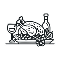 Festive dinner with turkey, wine, and grapes. Vector black icon