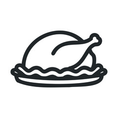 Delicious roasted chicken served on a plate for festive dinner. Vector black icon