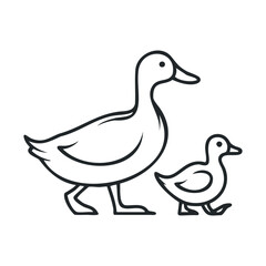 Ducks walking together in a natural setting for playful design. Vector black icon