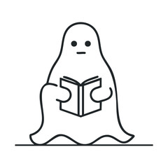 Friendly ghost reading a book for Halloween decoration design. Vector black icon