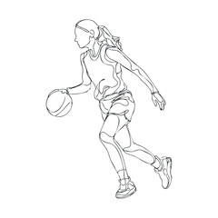 Dynamic basketball player dribbling a ball during a game. Vector black icon