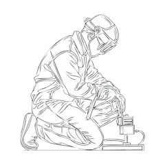 Welder working on metal fabrication in an industrial setting. Vector black icon