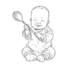 Happy baby playing with a spoon during mealtime fun. Vector black icon