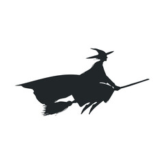 Witch flying on broomstick in silhouette for Halloween decorations. Vector black icon