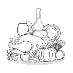 Festive harvest display featuring turkey, wine, and seasonal produce. Vector black icon