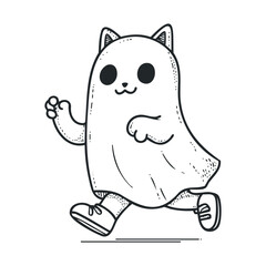 Cute cat character dressed as a ghost during Halloween celebration. Vector black icon