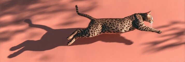 Obraz premium A spotted cat leaps midair with full stretch, showing its agility and athletic body. The motion highlights feline strength, speed, and playful energy.