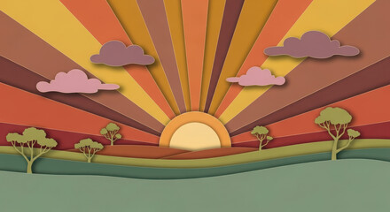 Paper cutout sunrise over rolling hills with trees and clouds
