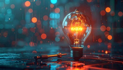 A glowing lightbulb with a vibrant filament, overlayed on a futuristic, abstract background with bokeh and falling lights, and tools