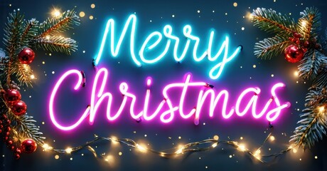 Bright neon sign displays festive holiday greeting. Evergreen branches, ornaments, lights enhance cheerful scene.