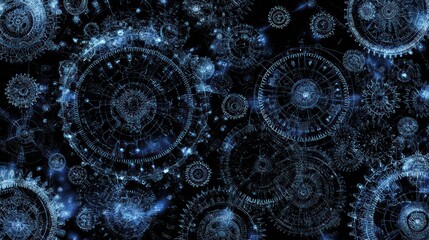 An intricate network of interconnected gears and clocks, creating a mesmerizing abstract design in shades of deep blue.