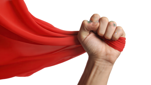 Empowered fist gripping bold red fabric, a symbol of strength and determination, perfect for conveying messages of courage and resilience in any project