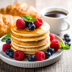 Stacked pancakes with berries and coffee