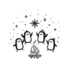 Four penguins gathered around a campfire under falling snowflakes in a winter wonderland scene design