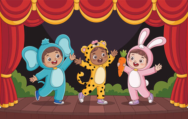 Kids on stage in animal costumes, school play performance, cartoon children acting, fun theater show, cute dress-up, jungle animal theme