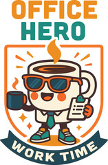 Office hero coffee mug character vector, workplace mascot with clipboard and tie, fun productivity design for business branding and energy themes