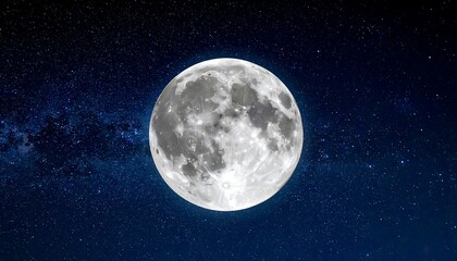 A bright, full moon shines in a dark sky filled with glittering stars and nebulous clouds