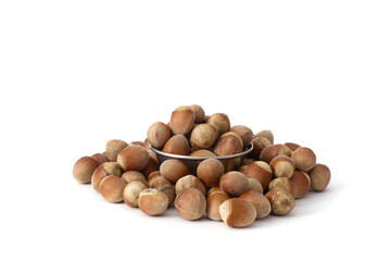 A small metal bowl filled with whole hazelnuts, placed against a clean white background, highlighting their natural texture and perfect for food photography or healthy eating concepts.
