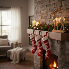 Glowing wooden decorative reindeer on shelf mantelpiece with Christmas candles and stockings