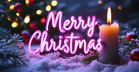 Festive scene shows bright Merry Christmas neon sign, candle, snow. Background features blurred lights, evergreen branches. Warm holiday vibes.