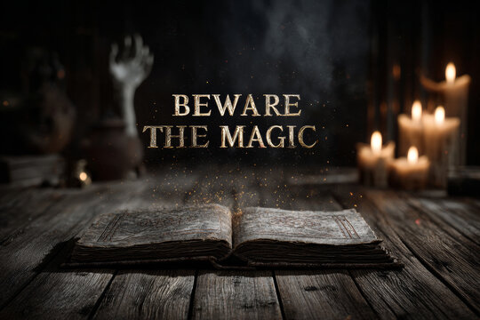 Open antique spell book with golden sparkling magic particles and "Beware the Magic" text, surrounded by flickering candles in dark atmospheric setting