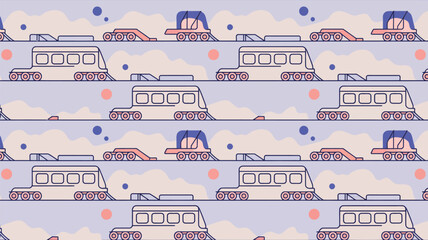 A repeating pattern of train cars and other objects on a light purple background with dots and circles