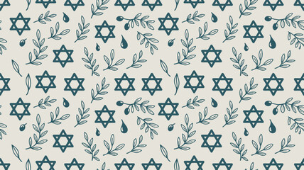 A seamless pattern with stars of david olive branches and droplets on a light background illustration