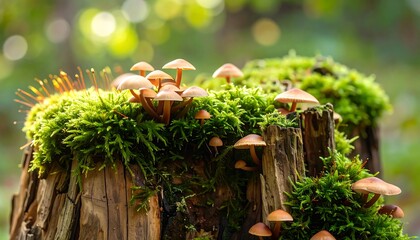 Close-up of mushrooms on mossy tree stump