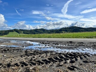 landscape with a small asphalt road and tire tracks in the mud