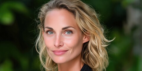 Naklejka premium Natural Beauty: Portrait of a Smiling Woman with Wavy Hair Against a Lush Green Background