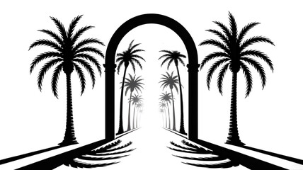 Elegant palm tree vista through arched gate evokes tropical getaway, perfect for travel blogs, exotic vacation themes, or luxury lifestyle branding