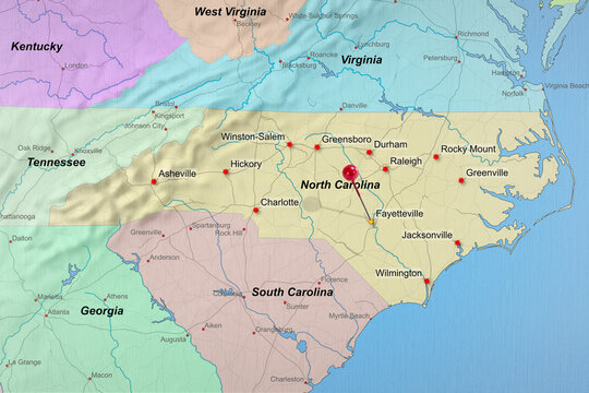 Colorful location map with red stick pin at Fayetteville, North Carolina, United States of America, USA and the surrounding area