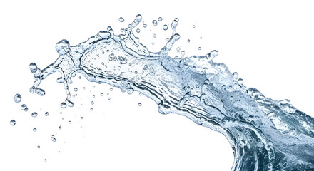 Dynamic splash of crystal-clear water captured mid-air against a white background, highlighting the refreshing energy, purity, and fluid motion of water in stunning detail.

