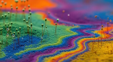 Surreal miniature landscape with vibrant colored sand and delicate plant like structures