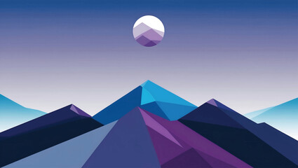 Geometric mountain landscape with a circular sun and gradient sky