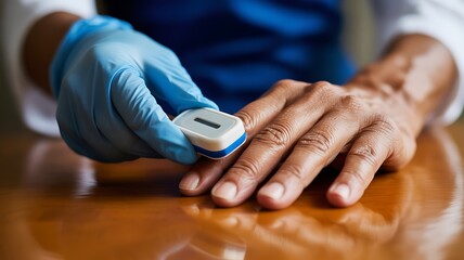 Healthcare professional uses pulse oximeter on patient's finger