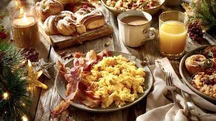 Rustic wooden table set for a festive christmas breakfast with scrambled eggs, crispy bacon, pastries, cereal, coffee and orange juice amid twinkling lights and seasonal decor